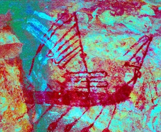 D-stretch image of the Australian rock art in which Moluccan warships have been identified.  Source: Darrell Lewis / CC BY 4.0