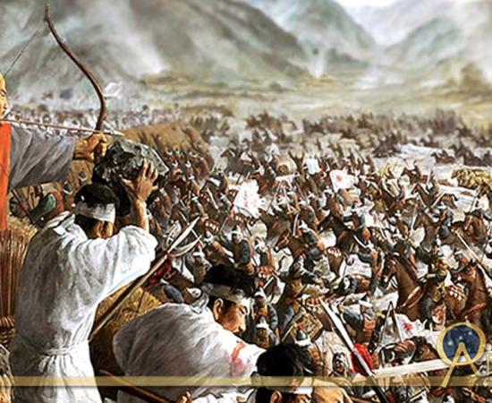 Painting depicting the Battle of Cheoin (Korea) between Goryeo and Mongol Empire forces in the Korean peninsula in 1232; Deriv. 