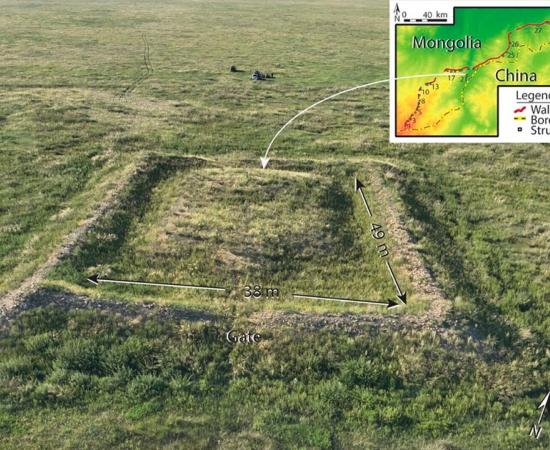 An aerial view captures a standard segment of the Mongolian Arc wall. Researchers investigating this lesser-known portion of the Great Wall of China have unveiled fresh perspectives on its historical significance. Source: Khaltaryn Balgas (MA21)/Journal of Field Archaeology 