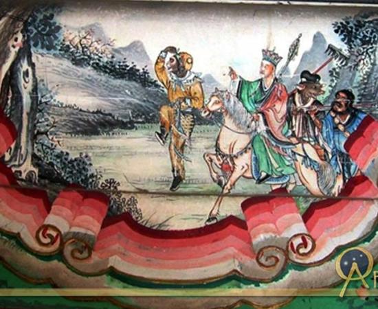 A painting depicting a scene from the Chinese classic, Journey to the West. The painting shows the four heros of the story, left to right: Sun Wukong, Xuanzang, Zhu Wuneng, and Sha Wujing. 