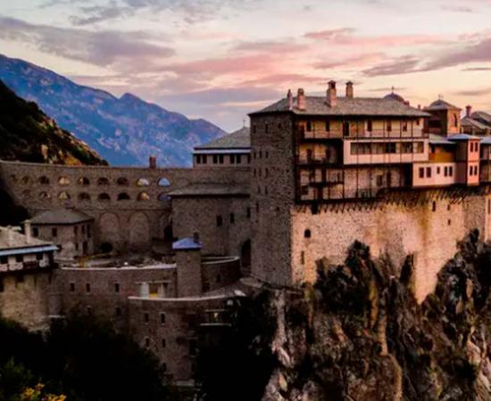 Sunset view of the Simonopetra (Greek for "Simon's Rock") Monastery, on the southern coast of the Athos peninsula. Source: Athanasios Serafeim distributed via imaggeo.egu.eu / CC BY 3.0