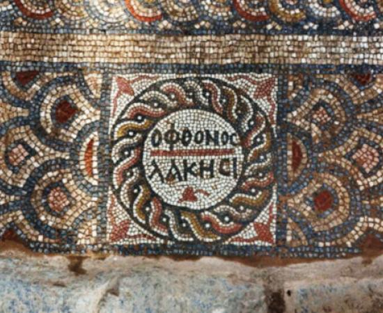 The mosaic motif at the southern entrance of the building in Syedra, with the Envy message.