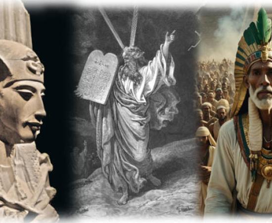 Montage (by author) of Akhenaten, Moses, and the Feathered Serpent, first priest-king of ancient Mexico.