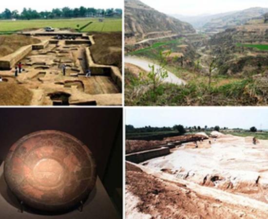 Images of the Taosi site in China, as well as a painted plate with dragon design found at the site 