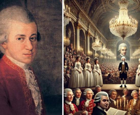 Left; Detail of Wolfgang Amadeus Mozart from Mozart family portrait by Croce. Right; and AI representation of the scene in Vienna.	Source: Public Domain