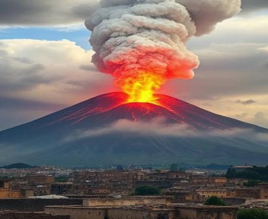  AI-generated image of Mount Vesuvius eruption of 79 AD, with doomed Pompeii in the foreground.