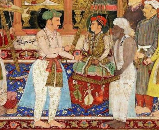 Detail of Mughal Emperor Jahangir weighing Prince Khurram (later crowned Shah Jahan of the Mughal Empire). Page from Tuzk-e-Jahangiri. 1610-1615, British Museum, London. 