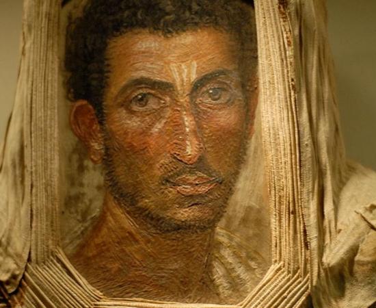 Mummy portrait of bearded man, encaustic on wood, Royal Museum of Scotland. Excavated in Hawara, Egypt in 1911. 