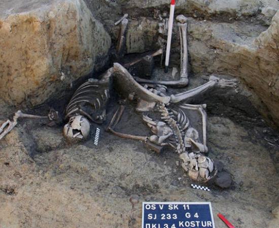 Skeletal remains of some of the seven Roman soldiers discovered in an ancient well at Osijek, Croatia,