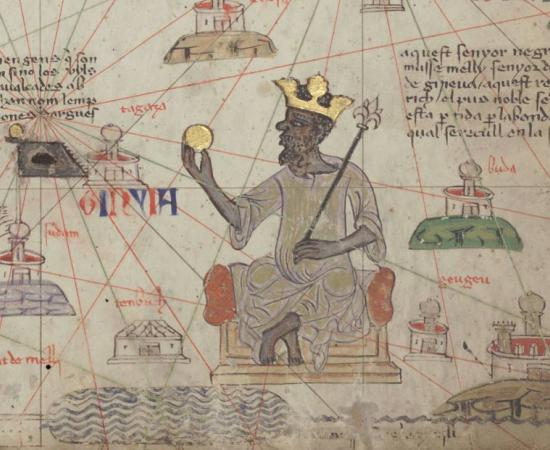 Musa depicted holding a gold coin from the 1375 Catalan Atlas. 