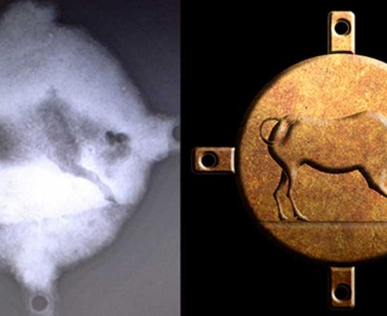 The X-rays of the bronze disc, and artist's reconstruction of the bull. (Image: Left EUA, Right Alexander Tourtas.
