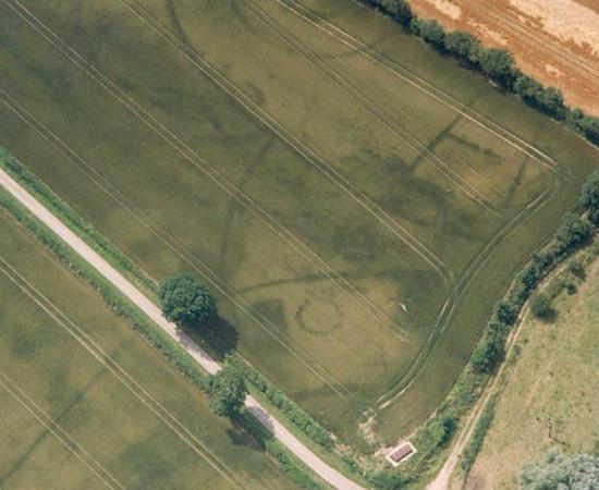An aerial view of the site where two massive wooden palisades once stood of the landscape.