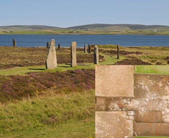 Ring of Brodgar, a Neolithic stone circle and henge monument, with the Loch of Harray in the background. Detail: Aerial view of the newly-uncovered structure. 