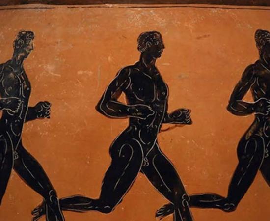 A Greek amphora showing athletes, 4th century BC. ©Trustees of the British Museum.