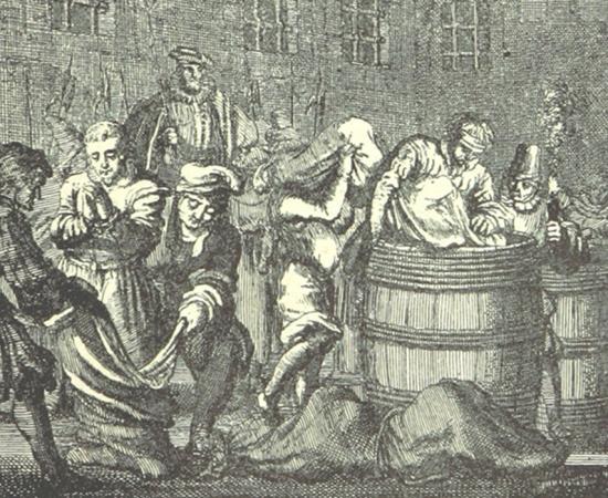 "Ertränken im Fass oder Sack", a 1560 sketch showing ‘punishment of the sack’.