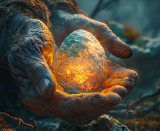 The cosmic egg in the hands of a giant deity