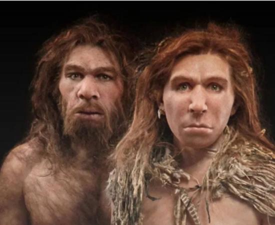 Illustration of Neanderthal couple, based on latest research into the Neanderthals’ actual appearance.