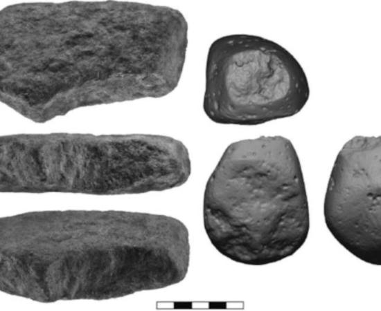 Stone anvil and hammerstone used to crush or grind plant-based foods that were found at the Gesher Benot Ya’akov site, photographed from different angles.