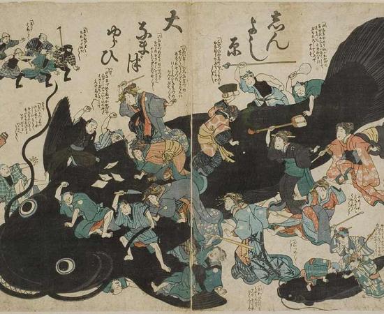 A namazu or catfish motif earthquake art (by an unknown artist), entitled Shin Yoshiwara ōnamazu yurai or "The cause of the great catfish at Shin Yoshiwara." The work shows women of the Edo pleasure quarters blaming the catfish for the earthquake, but the catfish is delighted to have these ladies press flesh with him and threatens to squirm again to cause an aftershock.   