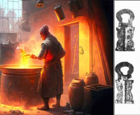 Left, ancient alchemy painting. Right, The artifact known as the ‘Nanjing Belt’ seems to be proof of the existence of aluminum in early China. Source: Left; primopiano/Adobe Stock Right; Soul-guidance