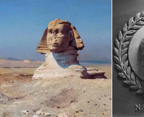 Left; Napoleon Bonaparte Before the Sphinx, by Jean-Léon Gérôme. Right; Bas-relief of Napoleon Bonaparte Emperor of France in the chamber of the United States House of Representatives. Source: Left; Public domain, Right; Public domain