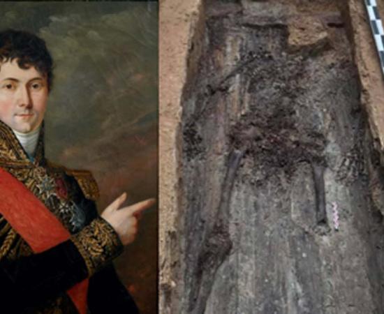 Portrait of General Charles Etienne Gudin (1839) by Georges Rouget (Public Domain) and the skeletal remains which are believed to belong to the General. (Pierre Malinowski)
