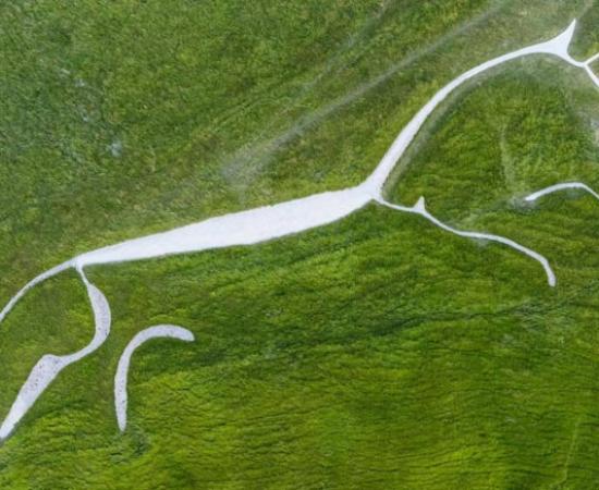 ational Trust Uffington White Horse after a phase of refurbishment where erosion and bad weather have caused shrinkage of the Bronze Age chalk carving over the decades. The artwork measures 111-metres long from head to tail and depicts a white horse near the Oxfordshire village of Uffington.	Source: BBC/ PA Media