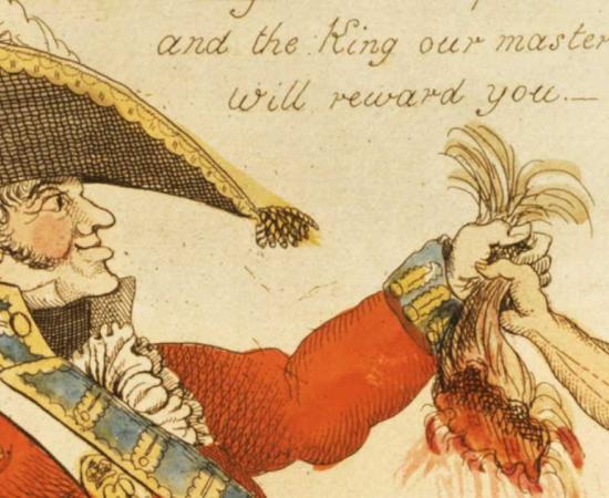 Segment from a political cartoon depicting the practice of scalp bounties for Native American scalps in North America. Source: Public domain