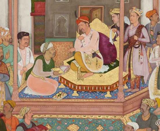 Abu'l-Fazl ibn Mubarak, one of the Navratnas, presenting Emperor Akbar with the Akbarnama. Source: Public domain