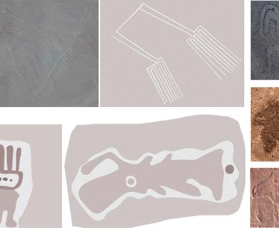 Left, Nazca geoglyphs recently discovered using artificial intelligence show figures of a pair of bird legs, a humanoid and a fish at Nazca in Peru. Right, Examples of various types of Nazca image creation techniques.	Source: Yamagata University Institute of Nasca