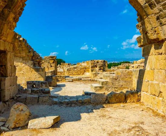 The ruins of the Forty Columns Fortress in the Paphos Archaeological Park, Cyprus, not far from where the carved bedrock banquet area and ancient was recently unearthed on Fabrica Hill. 
