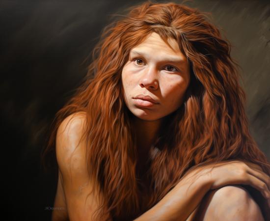 Close up portrait of a Neanderthal human woman.