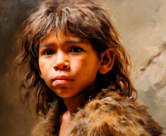 Illustrative close up portrait of a Neanderthal child. Source: robert/Adobe Stock