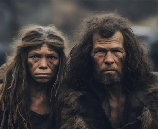 AI representation of a Neanderthal couple wearing fur. Source: Ricky/Adobe Stock