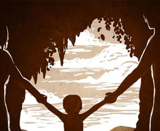 Drawing of a Neandertal mother and a Denisovan father with their child, a girl, at Denisova Cave in Russia.