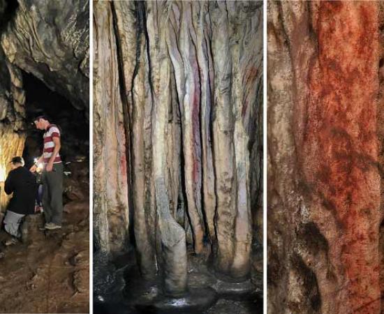 The stalagmite section in the Ardales Cave in Malaga, Spain that was painted with red ochre, pigment making it probably the oldest Neanderthal painting ever found in a European cave. Source: University of Barcelona