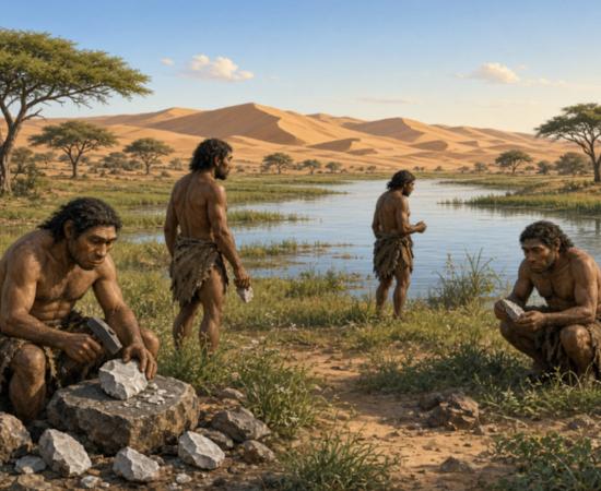 Neanderthals in a desert oasis scene.