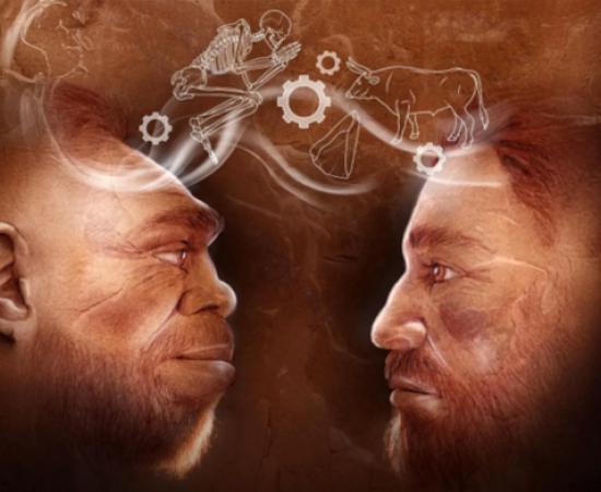 Image representing Neanderthal and Homo sapiens males sharing thoughts.