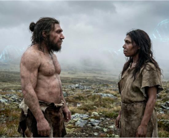 A Neanderthal man meeting a homo sapiens woman. 
