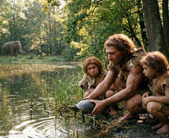 Representation of Neanderthal man and children at a pond hunting turtles. 