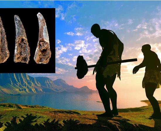 Main: Representation of Neanderthals going fishing. (Kovalenko I / Adobe stock).       Inset: Cracked-open and burnt fragments of pincers of the edible crab (cancer pagurus) found at the Figueira Brava cave, showing evidence of the Neanderthals’ seafood diet. (João Zilhão / University of Barcelona)