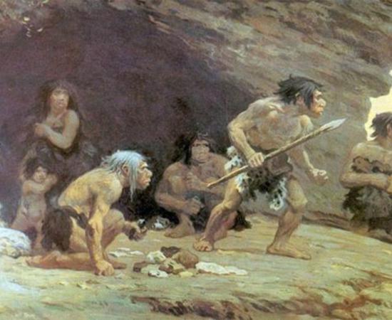 Portrayal of Neanderthal Flintworkers, Le Moustier Cavern, Dordogne