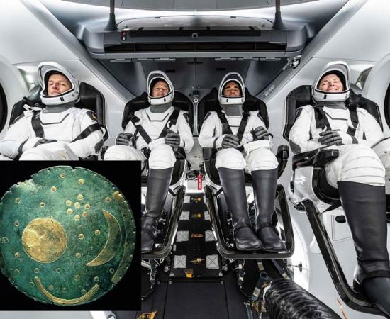 The astronauts in the Nebra Sky disk spaceflight, which is also known as the Cosmic Kiss mission, with German astronaut Matthias Maurer on the far left.		Source: Dbachmann / CC BY-SA 3.0 / ESA