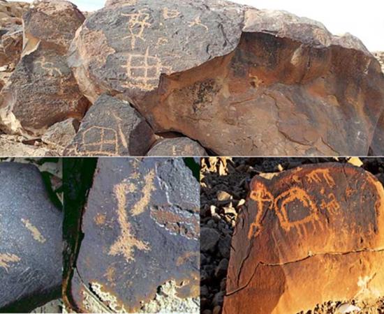 Top: A petroglyph portrays multiple symbols on Har Karkom ridge, Israel. (CC BY-SA 4.0). Bottom left: Instances of names of god found in rock art of the Negev as sited by Yehuda Rotblum.