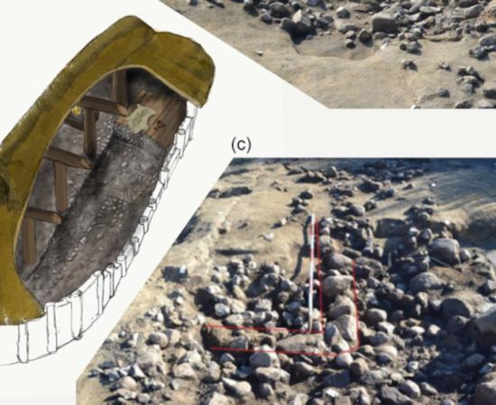 Reconstruction drawing of the house, and detail photo of the Neolithic cellar wall in Denmark.  