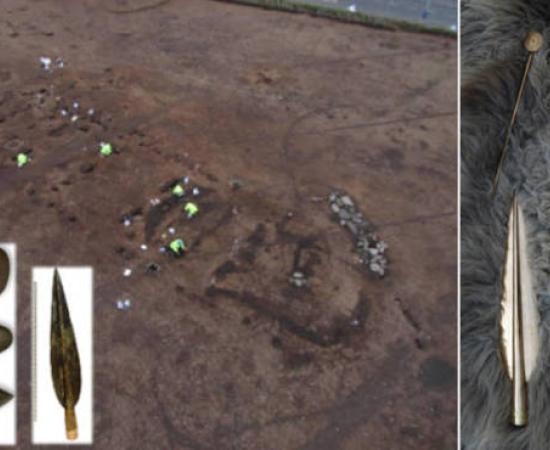 The long Neolithic Hall at Carnoustie, with inset artifacts found and, right, replica of the Carnoustie weapon hoard.  