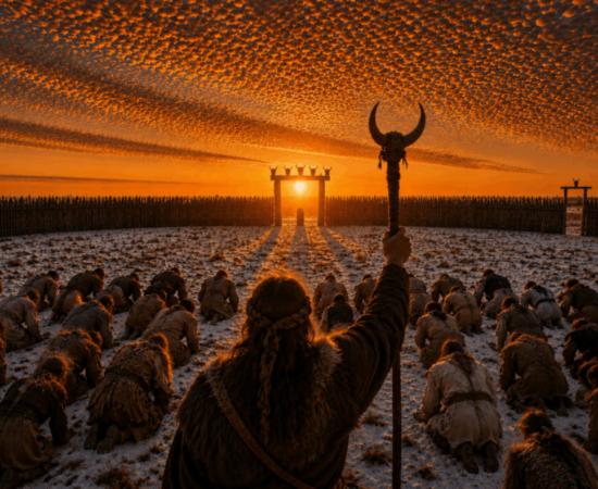 AI generated representation of a ceremony at the Chleby Neolithic sanctuary