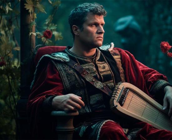 A representation of Emperor Nero, thoughtfully playing a lyre in a lavish Roman garden. Source:  EOL STUDIOS/Adobe Stock