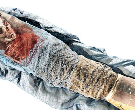 The CT scans were merged with 3D scans of the child mummy's surface to create a single 3D model. 