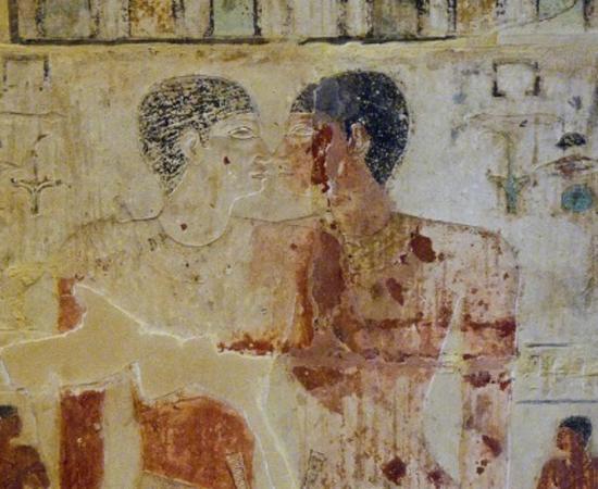 Close-up of Niankhkhnum and Khnumhotep from their joint mastaba (tomb) at Saqqara, Egypt.